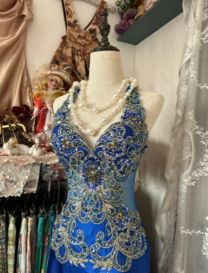 Gorgeous Royal Blue Halter Satin Beaded Mermaid Evening Dress Long Birthday Party Gown D1666