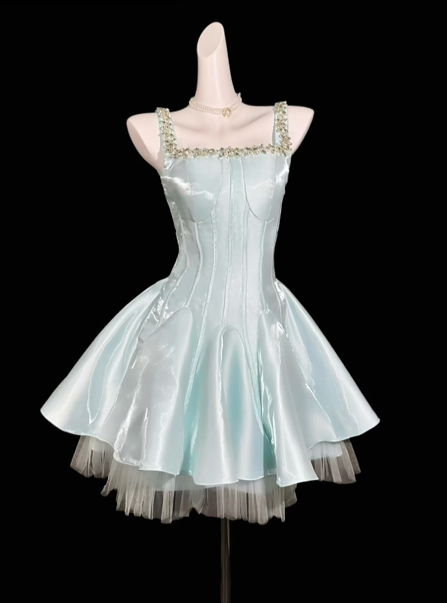 Classy Spaghetti Straps Satin Tulle Beaded Short Birthday Party Dress,Light Mint Green A Line Short Homecoming Dress D4157