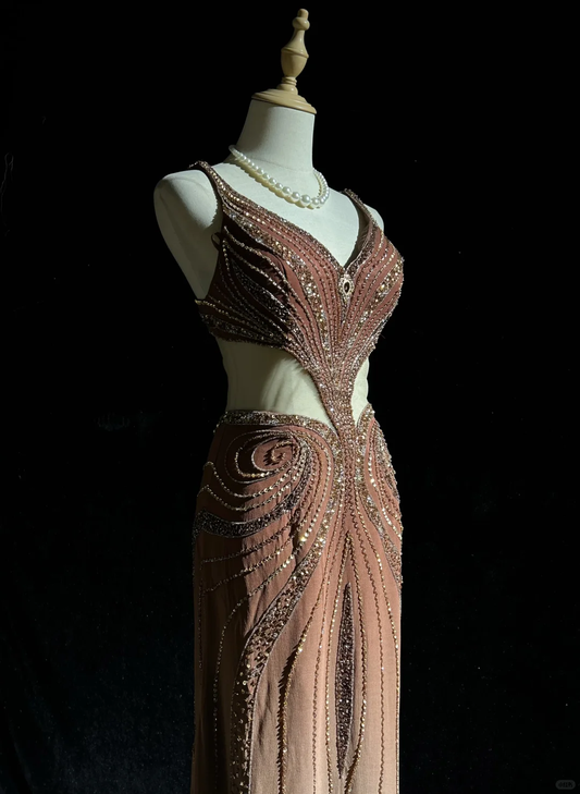 Vintage Ombre Chiffon Beaded Mermaid Evening Dress Long Prom Dress D3116