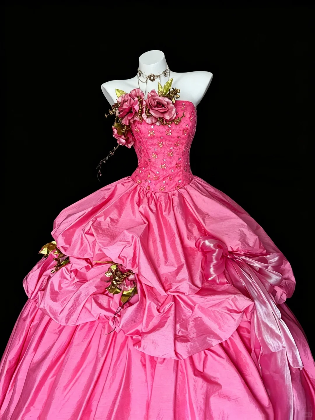 Sweet Hot Pink Strapless Satin Pleated Floral Quinceanera Dress Sweet 15 16 Dress D5238