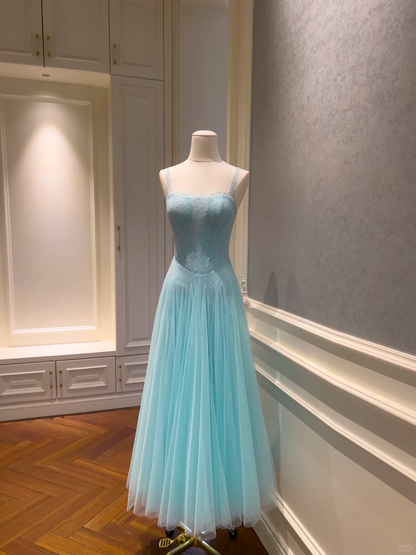 Classy Spaghetti Straps Tulle Lace A Line Evening Dress,Blue Long Wedding Guest Dress D2984