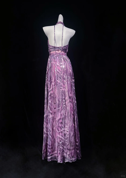 Unique Halter Purple Tulle Print Floral A Line Evening Dress Long Wedding Guest Dress D3123