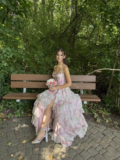 Charming Chiffon Print Floral Ruffles Layered Long Party Dress Pink Slit Long Evening Gowns With Beads D5040