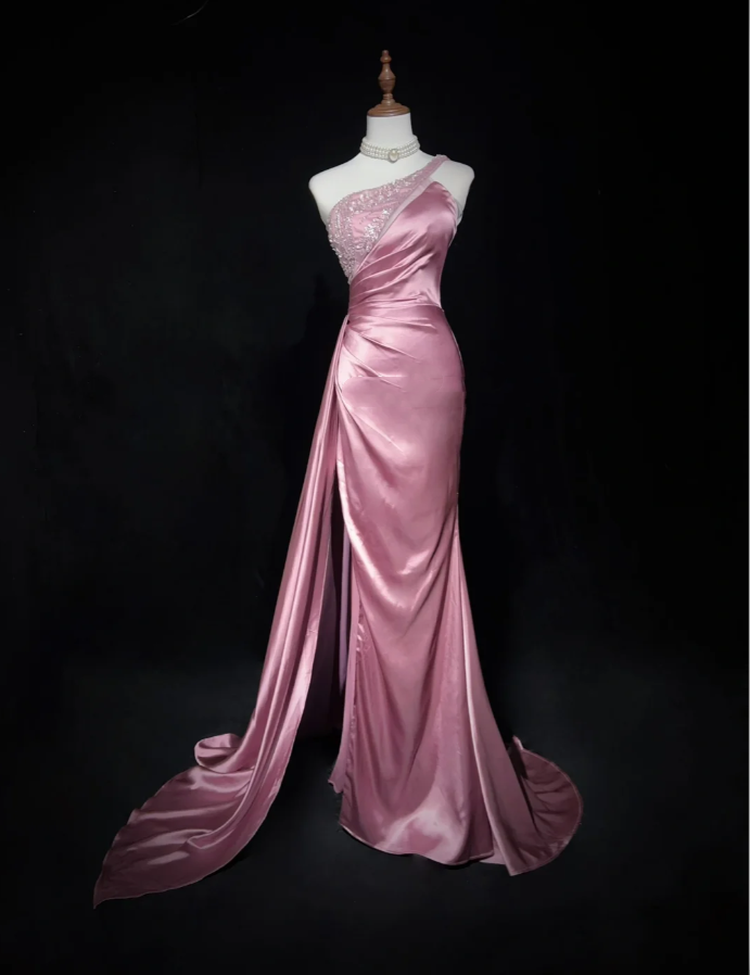 Chic One Shoulder Satin Sequin Beaded Mermaid Long Evening Dress Formal Pink Wedding Guest Dress D2073