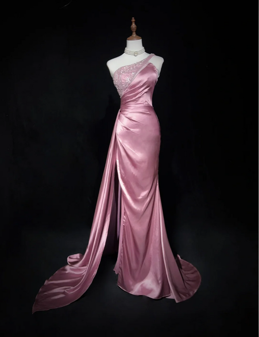 Chic One Shoulder Satin Sequin Beaded Mermaid Long Evening Dress Formal Pink Wedding Guest Dress D2073