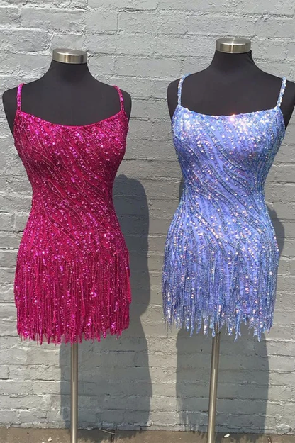 Sparkly Spaghetti Straps Gold Sequin Tassel Short Party Dress Homecoming Dress D4665