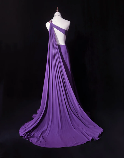 Classy One Shoulder Chiffon Pleated Beaded Mermaid Long Evening Dress Party Gown,Purple Formal Wedding Guest Dress D2060