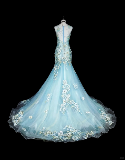 Classy Sleeveless Light Blue Tulle Appliques Mermaid Long Evening Dress Prom Dress D5388