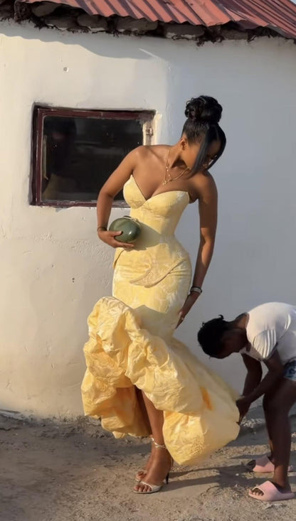 Chic Strapless Yellow Satin Print Floral Mermaid Long Party Dress Prom Dresses D4418