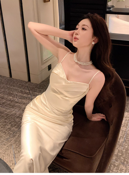 Classy Spaghetti Straps White Satin Pleated Mermaid Long Evening Dress Formal Wedding Guest Dress D2184