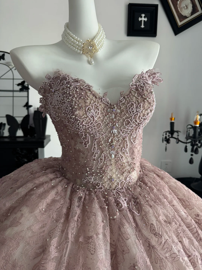 Charming Pink Tulle Lace Beaded Sweet 15 Dress,Sweetheart Neck Quinceanera Dress D3695