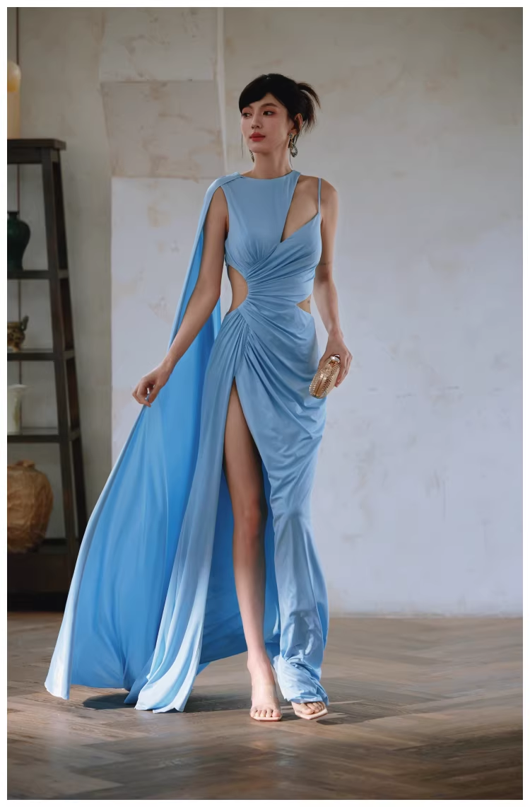 Sexy Blue Satin Slit Mermaid Long Prom Dress Evening Dresses D2459