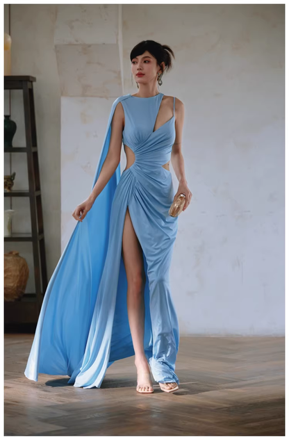 Sexy Blue Satin Slit Mermaid Long Prom Dress Evening Dresses D2459