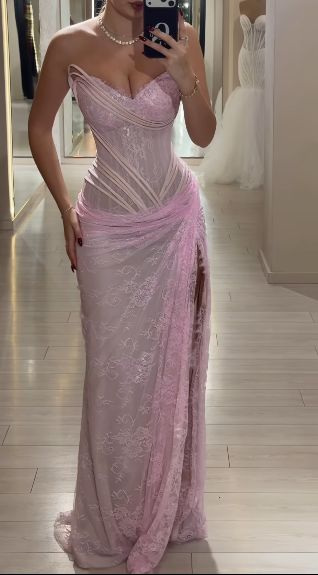 Pretty Pink Strapless Lace Pleated Mermaid High Slit Evening Dress Long Birthday Party Dress D1899