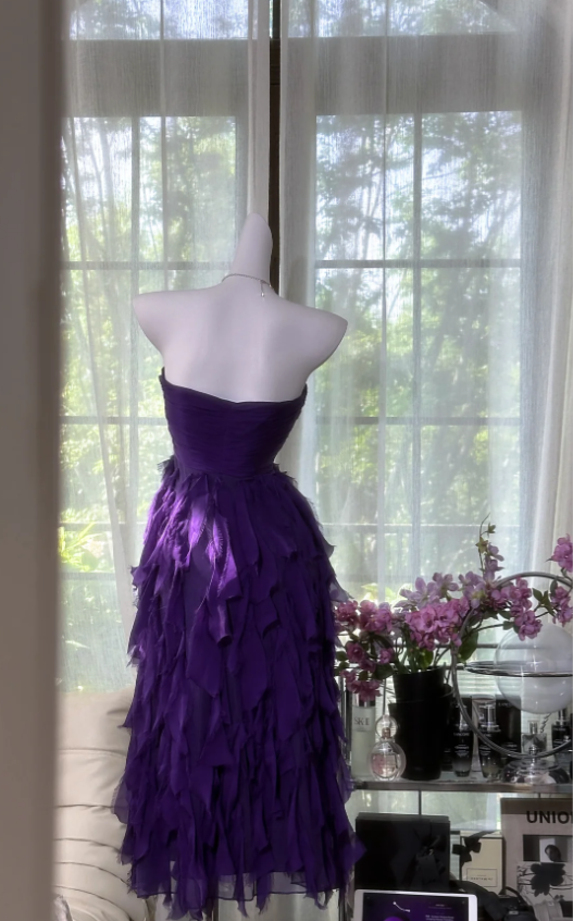 BeautifuL Sweetheart Neck Purple Chiffon Layered Long Prom Dress Formal Evening Dress D981