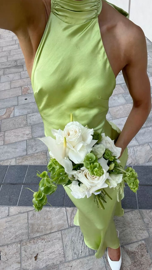 Fashion Lime Green Sleeveless Satin Long Wedding Guest Dress Bridesmaid Dress Formal Party Dress D1859