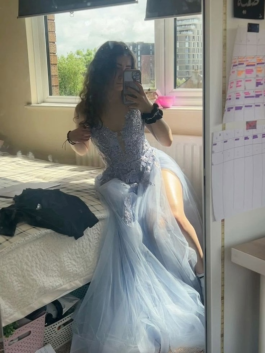 Elegant Light Blue Tulle Appliques Slit Mermaid Long Party Dress Evening Gown D3490