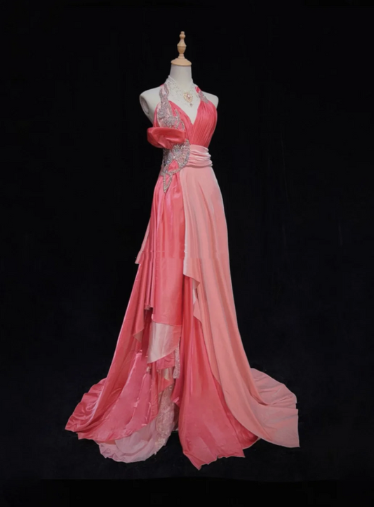 Pretty Pink Halter Satin Lace Beaded Mermaid Evening Dress Long Wedding Guest Dress D2022