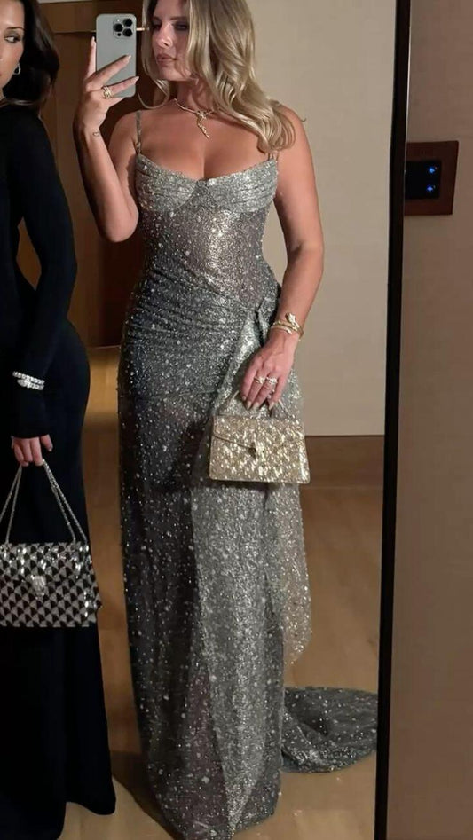 Vintage Spaghetti Straps Sequin Mermaid Evening Gown,Gray Long Party Dress D3595