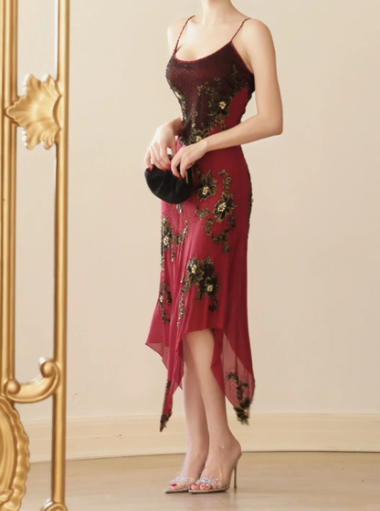 Unique Spaghetti Straps Chiffon Floral Beaded Long Party Dress Burgundy Mermaid Prom Gown D2746