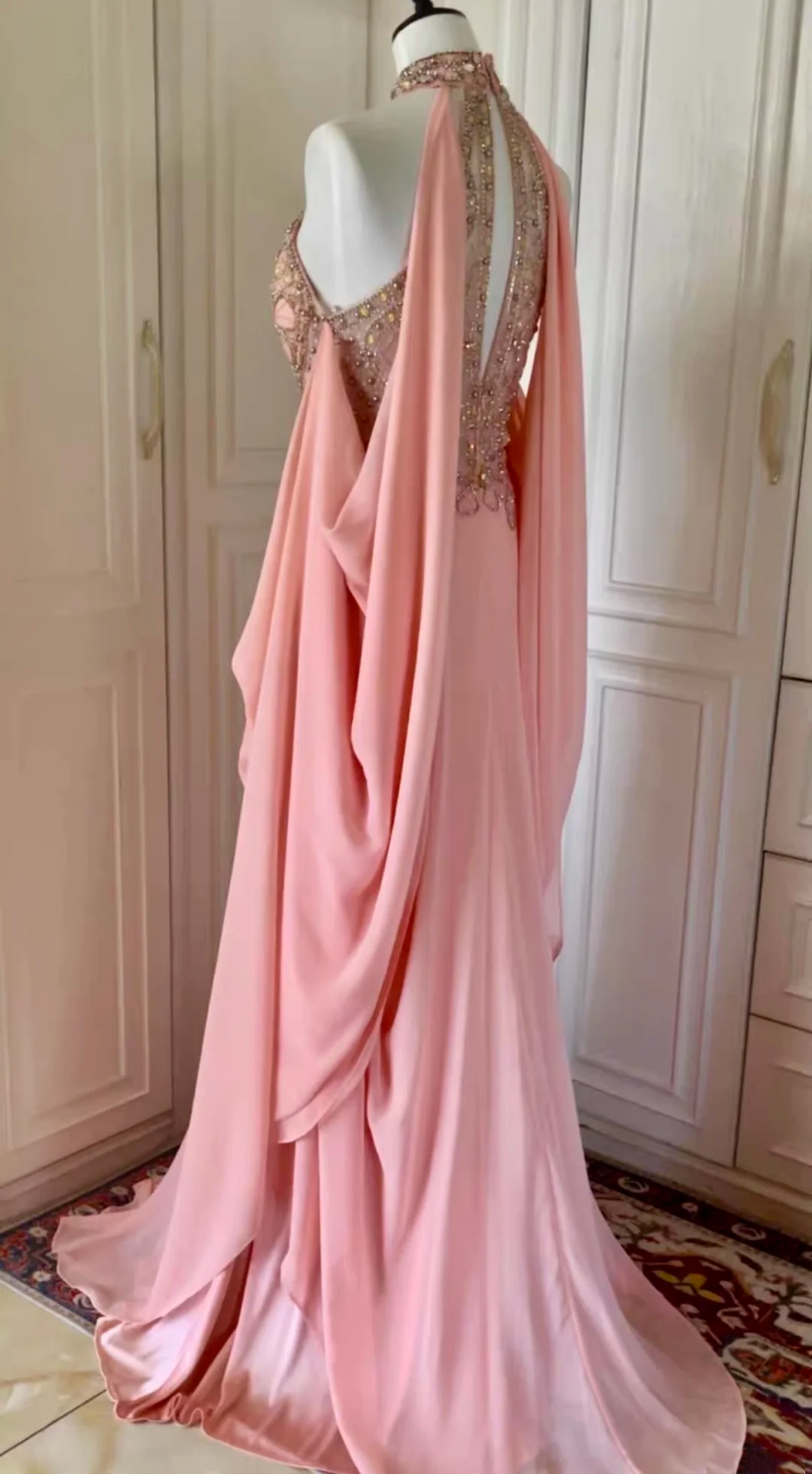 Glamorous Pink Halter Chiffon Beaded Mermaid Long Evening Dress Party Gown D3097