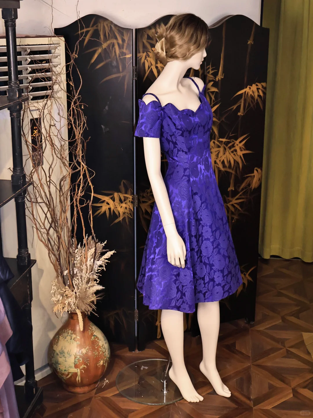 Vintage Purple Rose Floral Print A Line Homecoming Dress Off The Shoulder Mini Prom Dress S733