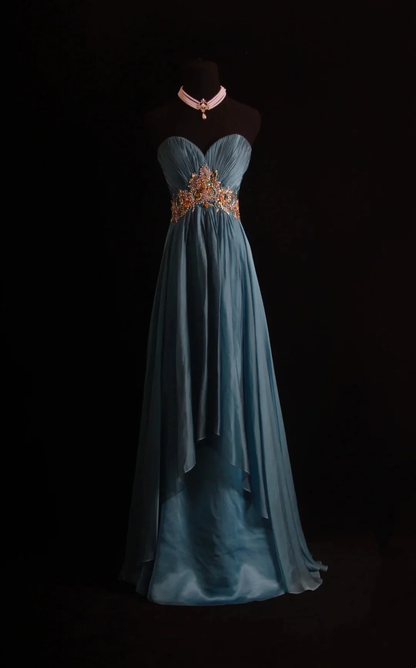 Retro Sweetheart Neck Satin Chiffon Beaded Long Wedding Guest Dress Blue Long Evening Dress D4565