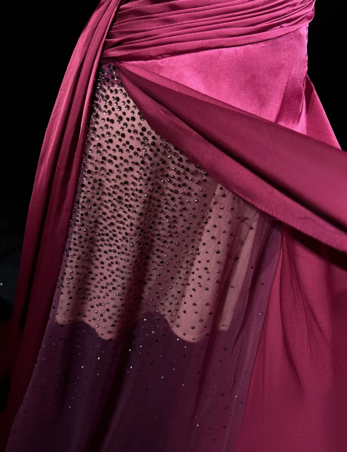 Elegant Strapless Hot Pink Satin Beaded Mermaid Long Wedding Guest Dress Formal Evening Dress D2058