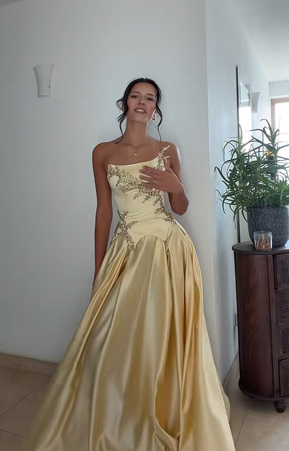 Gorgeous Yellow Satin Beaded Long Party Dress Strapless Long Birthday Prom Dress D4393