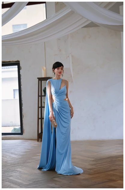 Sexy Blue Satin Slit Mermaid Long Prom Dress Evening Dresses D2459
