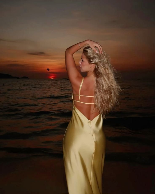 Fashion Yellow Spaghetti Straps Backless Long Party Dress Wedding Guest Dress D1478