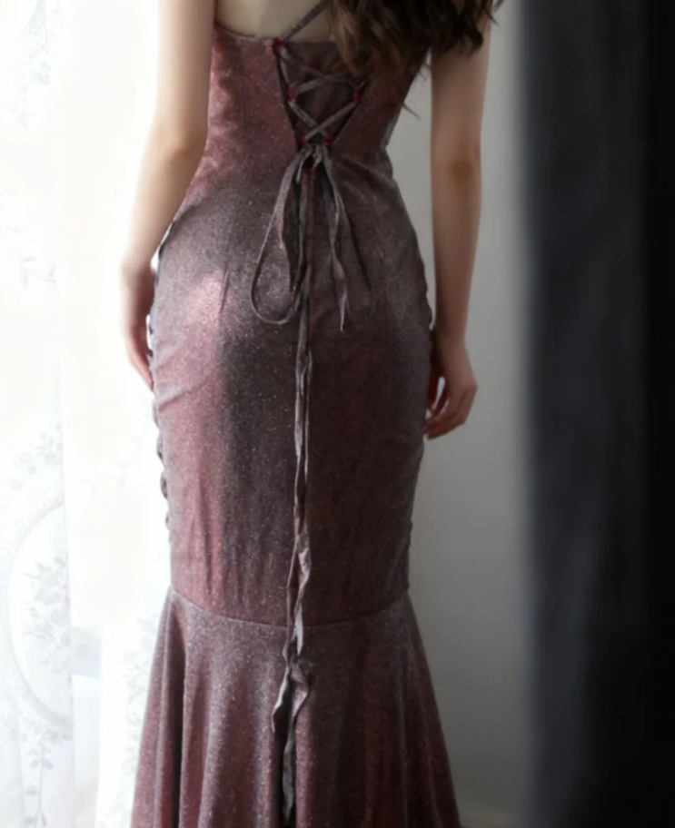 Shiny Spaghetti Straps Purple Satin Sequin Pleated Mermaid Slit Long Evening Dress Birthday Party Gown D2319