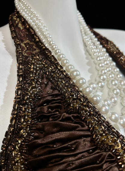 Retro Halter V Neck Brown Satin Beaded A Line Slit Long Party Dress Birthday Dress D2844