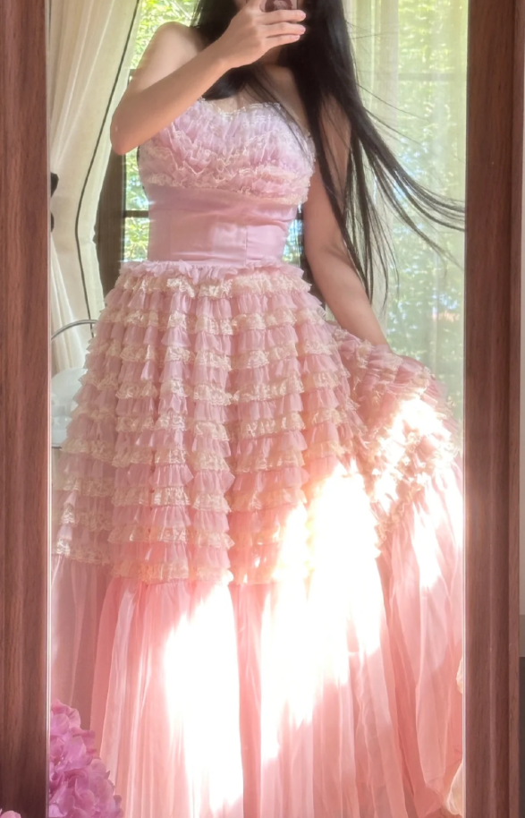 Sweet Strapless Pink Tulle Pleated A Line Long Party Dress Princess Birthday Prom Gowns D2309