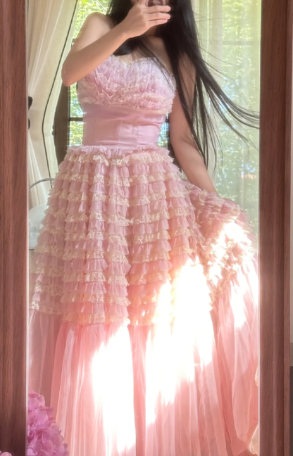 Sweet Strapless Pink Tulle Pleated A Line Long Party Dress Princess Birthday Prom Gowns D2309