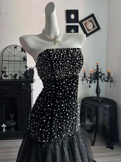 Fashion Black Strapless Tulle Pearls Mermaid Evening Dress Long Wedding Guest Dress D3700