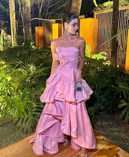 Pretty Pink Strapless Satin Pleated Ruffles Long Birthday Party Dress Evening Gown D4592