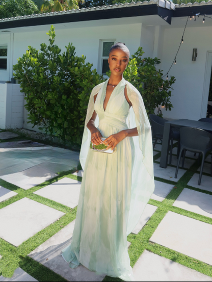 Classy Halter V Neck Chiffon A Line Long Evening Dress Light Green Party Gown D4972