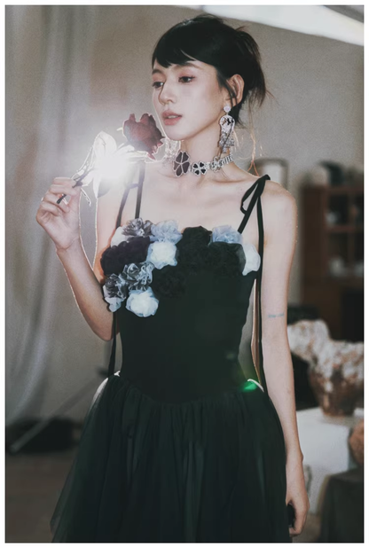 Elegant Spaghetti Straps Ombre Black Tulle Layered A Line Long Party Dress Evening Dress D2416