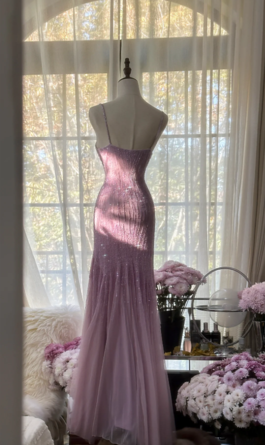 Elegant Spaghetti Straps Purple Chiffon Beaded Mermaid Long Party Dress Evening Gown D2105
