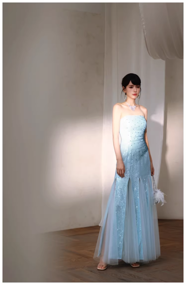 Charming Strapless Blue Tulle Sequin Beaded Mermaid Long Evening Dress Birthday Party Gown D2436
