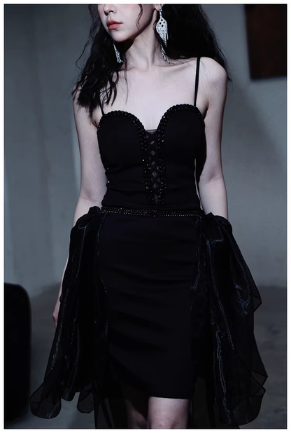 Gorgeous Black Organza Satin Beaded Long Party Dress Birthday Evening Dress D2445