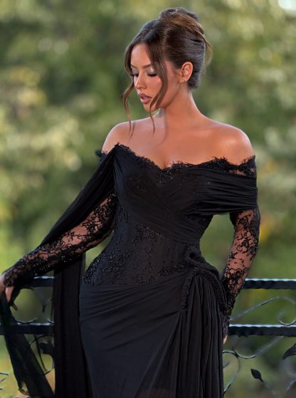 Elegant Off The Shoulder Lace Chiffon Mermaid Evening Dress Black Long Party Gown D5256