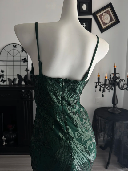 Vintage Emerald Green Satin Sequin Mermaid Evening Dress,Spaghetti Straps Long Prom Dress D3692