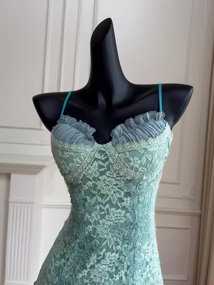 Classy Tiffany Blue Lace Appliques Short Birthday Outfits Homecoming Dress Spaghetti Strap Cocktail Dress S350