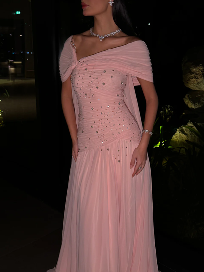 Charming Pink Chiffon Beaded Mermaid Long Party Dress Formal Evening Dress D1960