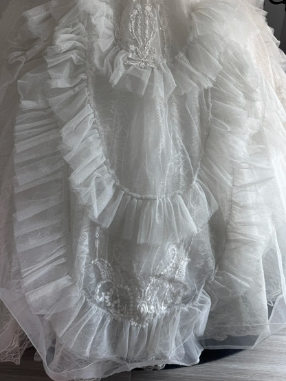 Fairy Spaghetti Straps White Tulle Ruffle Beaded Long Wedding Dress Bridal Dress D3696
