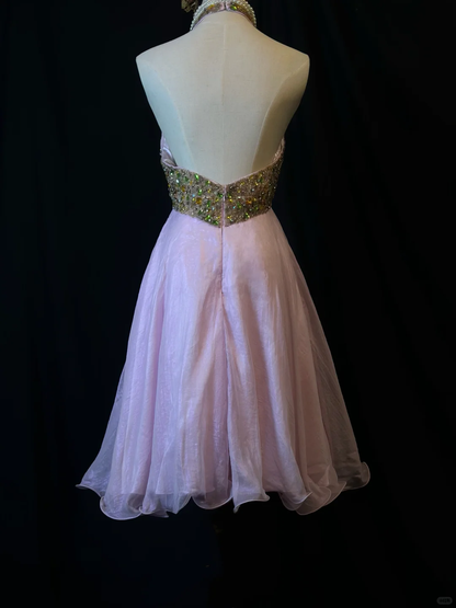 Pretty Halter Pink Tulle Beaded A Line Short Homecoming Dress Birthday Outfits D3247