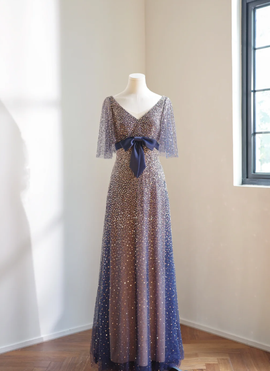 Glitter Navy Blue V Neck Tulle Sequin Beaded A Line Birthday Party Dress Long Evening Dress D2166