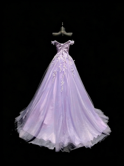Elegant Off The Shoulder Lilac Tulle Appliques Long Evening Dress Party Gown D4892